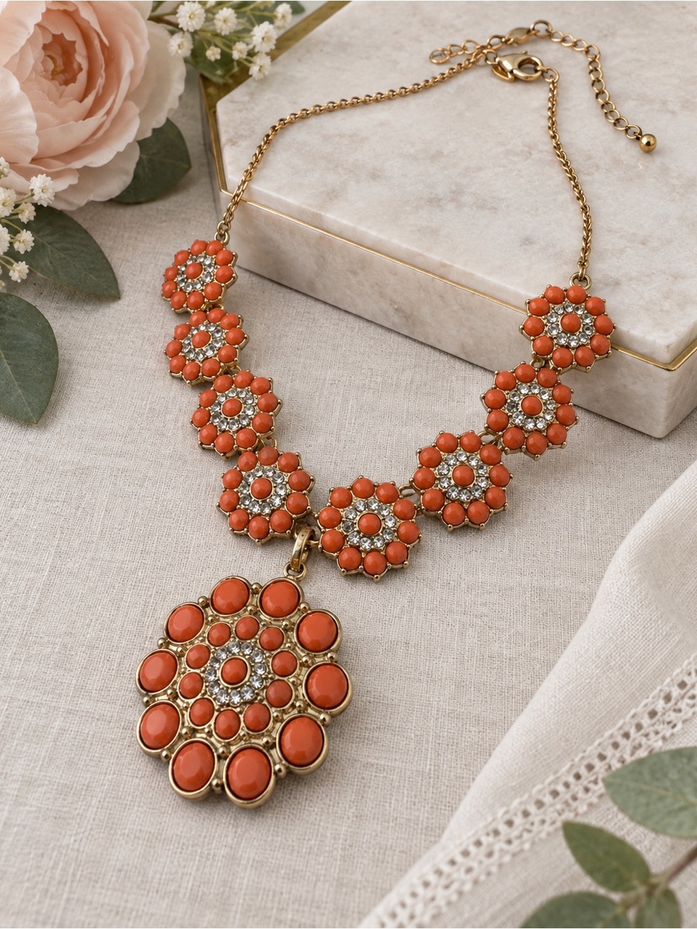 Premier Designs Orange Floral Statement Necklace + Removable Pin (po)